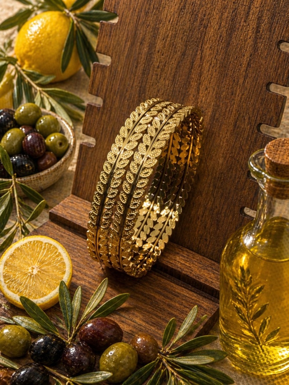 Gold Leaf Pattern Bangle Set - Picture 2 of 4